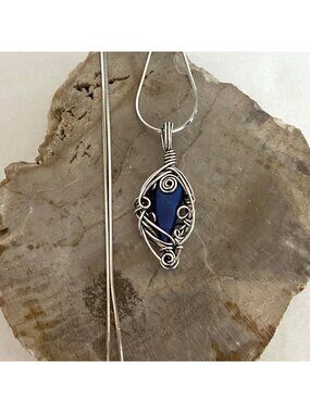 Sterling Silver Wire-wrapped Caged Lapis Lazuli Pendant Necklace 20" Snake Chain